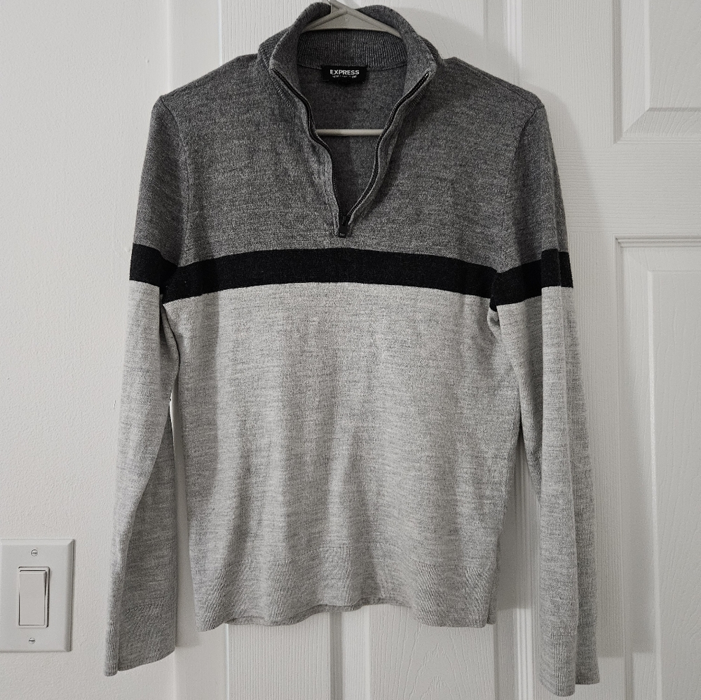 Express Men's Half-Zip Black and Gray Sweater, Size M
